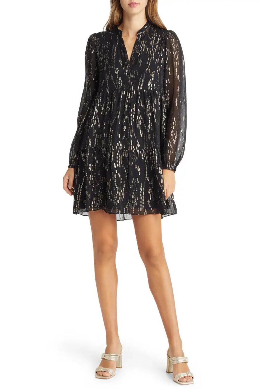 Lilly Pulitzer Winona  Silk Blend Long Sleeve Tiered Mini Dress Onyx Women's XL